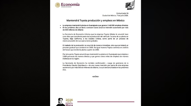 TOYOTA APUESTA POR TEXAS Y REDUCE PRODUCCIÓN EN BC